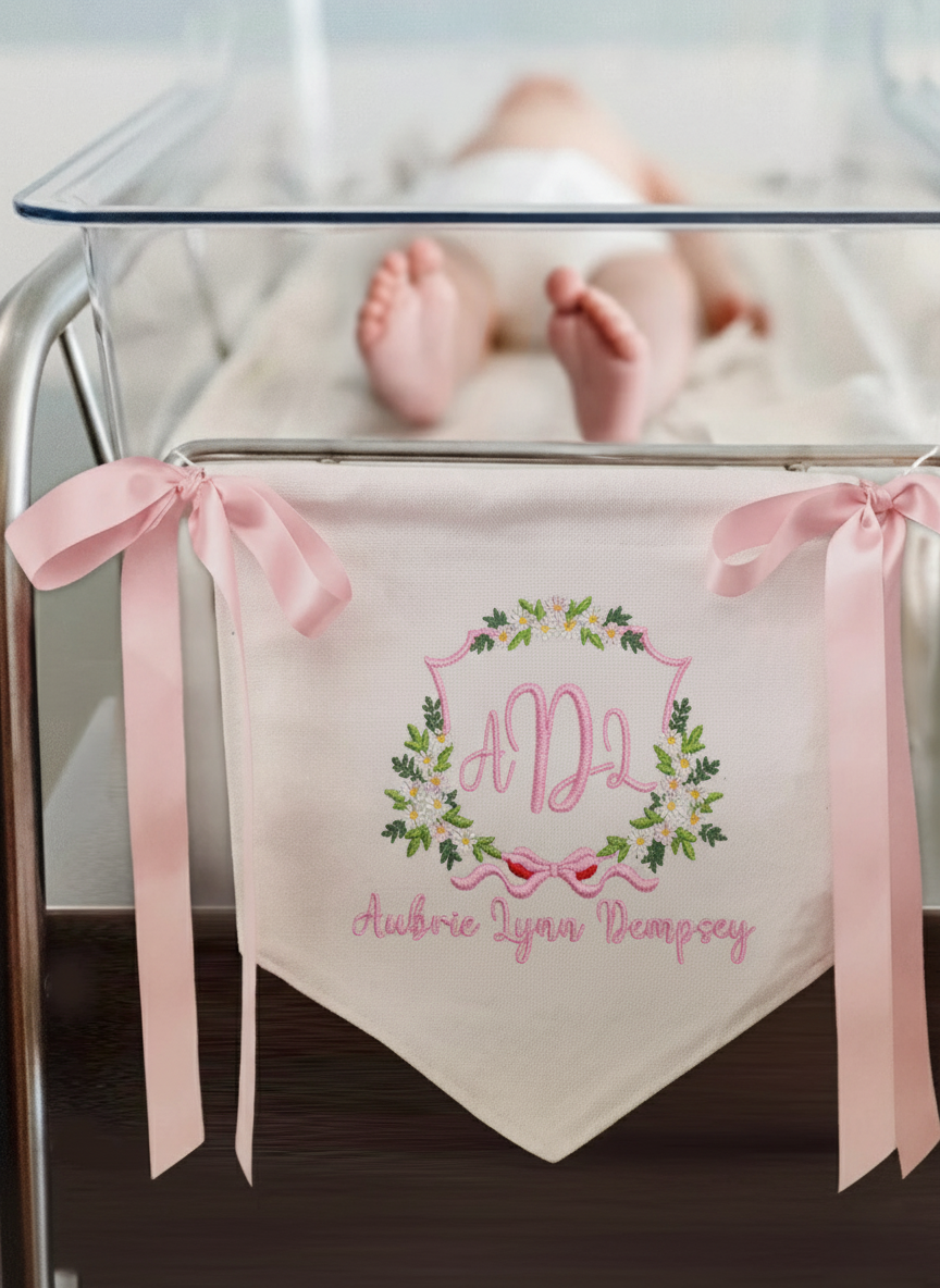 Personalized Hospital Bassinet Name Sign, Embroidered Baby Name Banner with Optional Birth Stats Tag, Newborn Nursery Decor & Baby Shower Gift