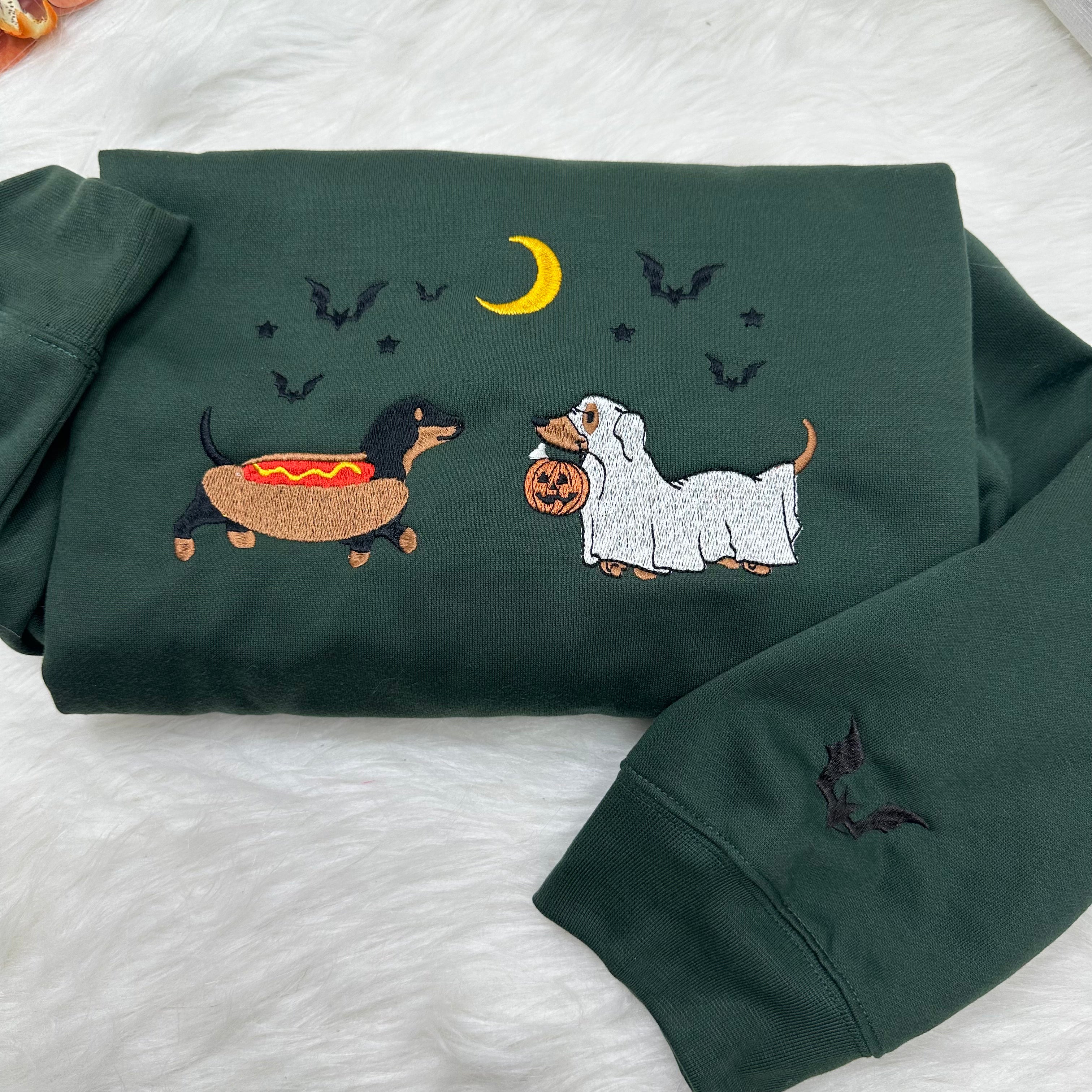 Dachshund Halloween Embroidered Crewneck Sweatshirt, Halloween Pet Shirt, Gift for Dog Lovers