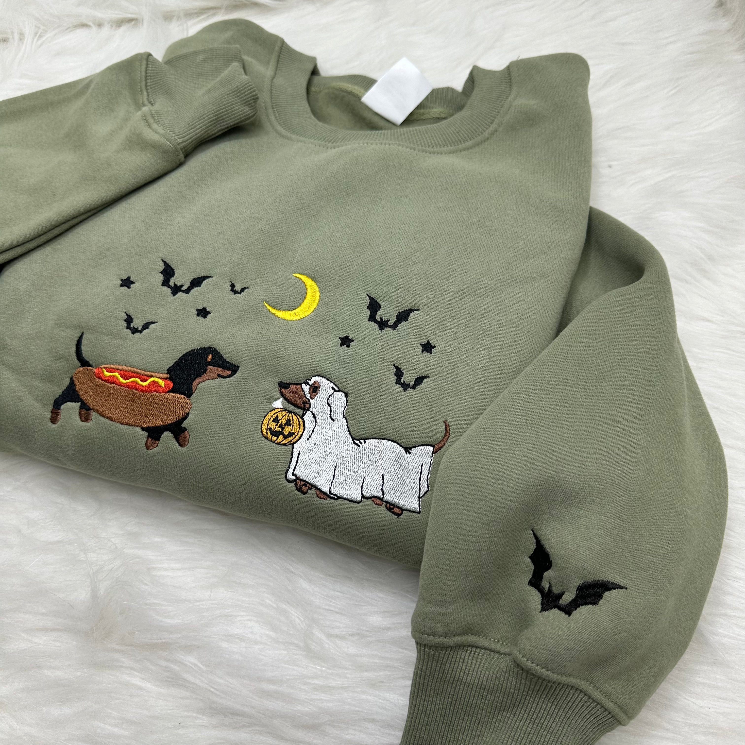 Dachshund Halloween Embroidered Crewneck Sweatshirt, Halloween Pet Shirt, Gift for Dog Lovers