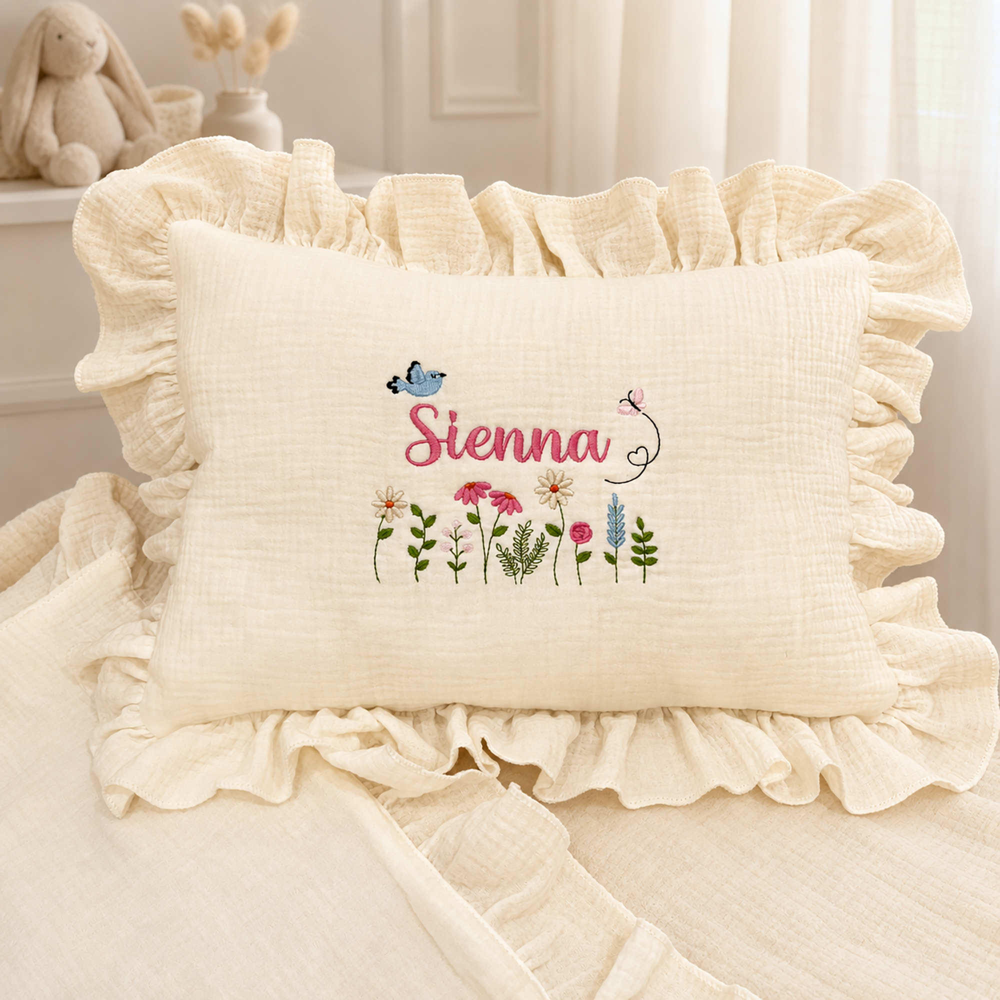 Personalized Muslin Baby Pillow | Custom Embroidered Name