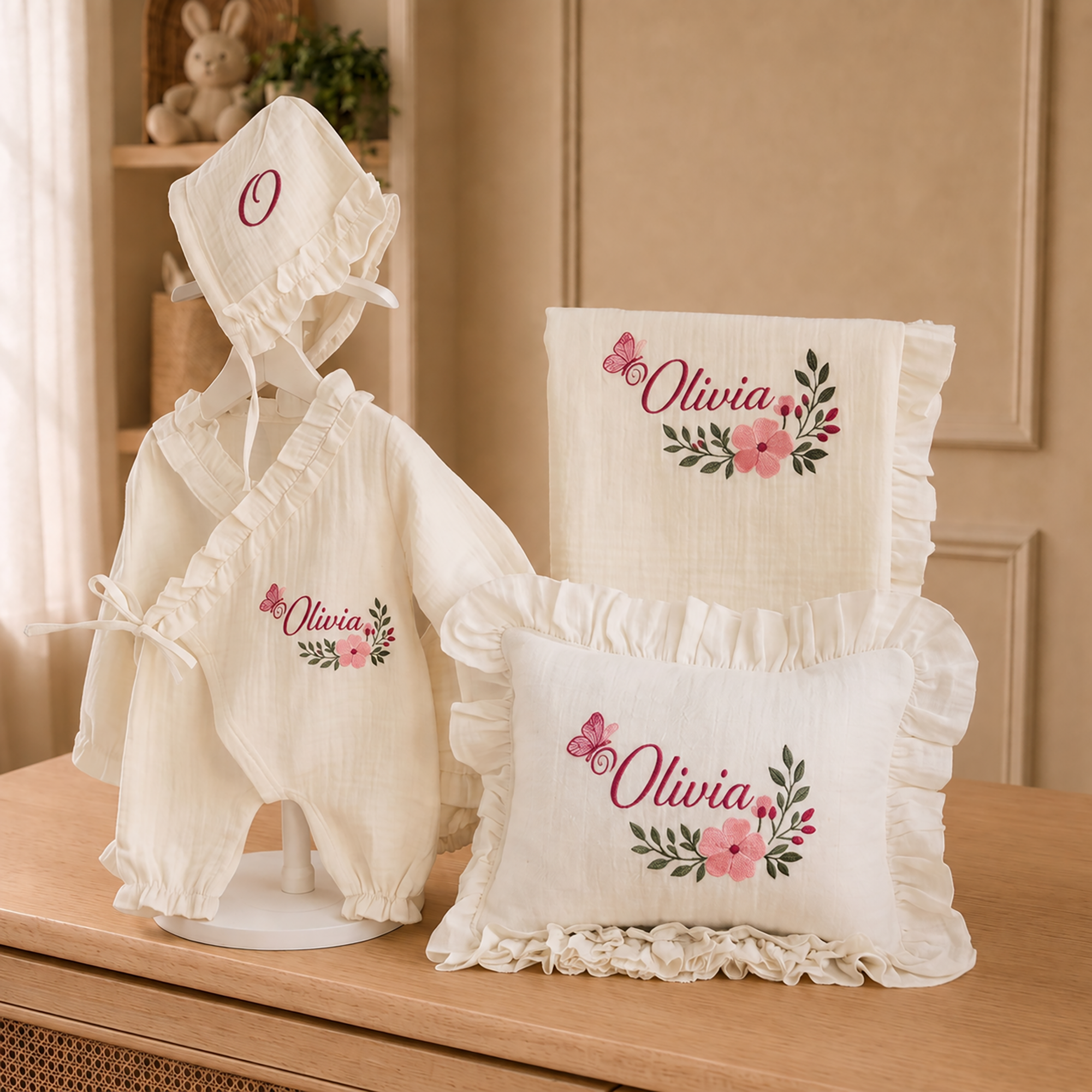 Personalized Embroidered 4 Pieces Gift Set For Baby Girl, Muslin Romper Blanket Pillow Stroller Cover Natural Cream
