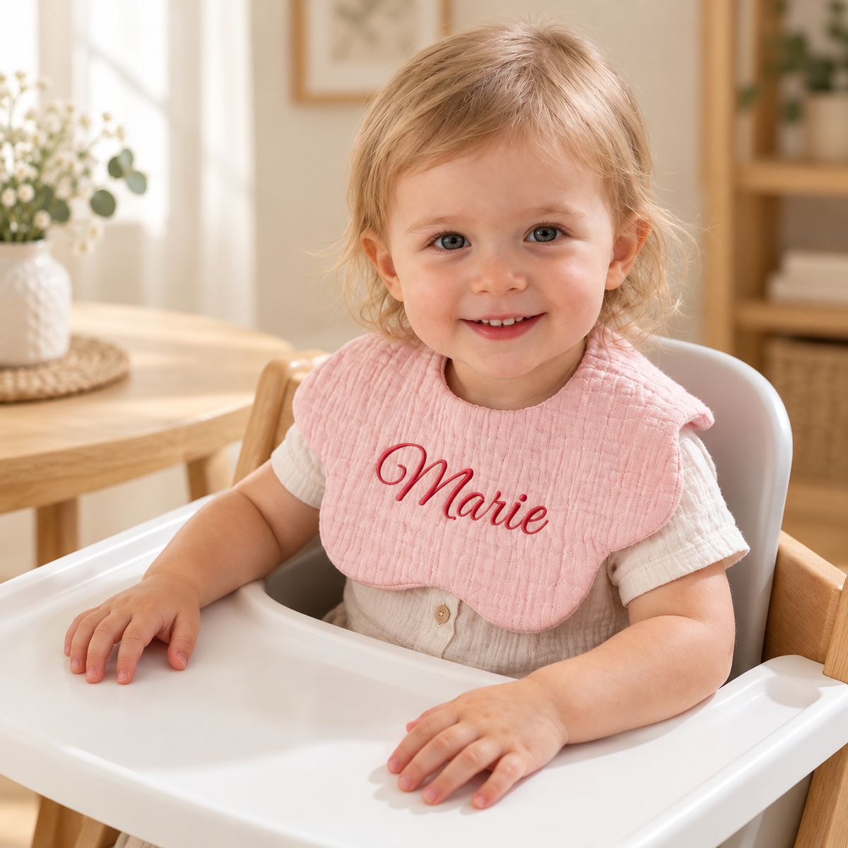 Custom Name Feeding Bib for Baby, Breathable Embroidered Muslin Bib