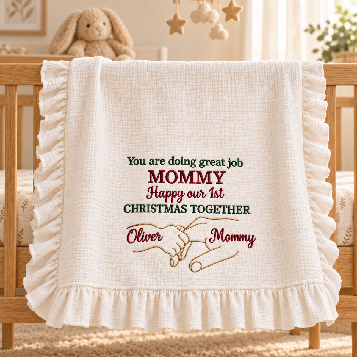 You Are Doing Great Job Mommy Embroidered Muslin Blanket | Personalized 1st Christmas Keepsake Gift for Newborn