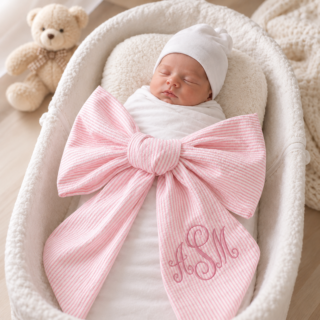 Personalized Embroidered Newborn Bow Sash, Bow Swaddle Girl, Custom Monogrammed Seersucker Bow, Sash For Baby Pictures, Birth Announcement #N1