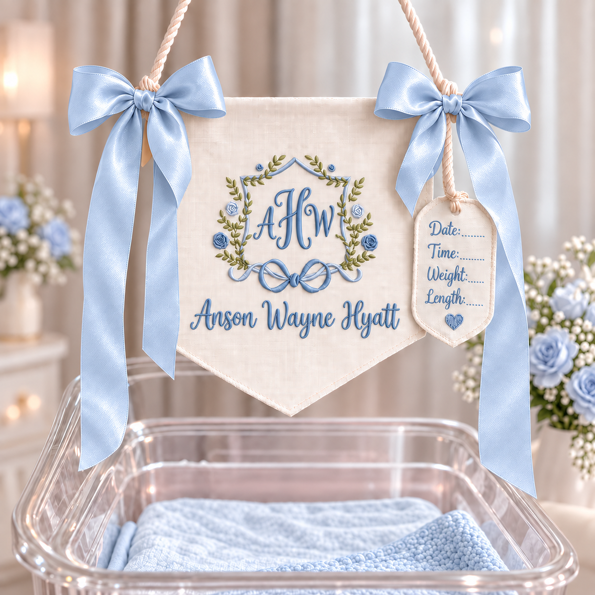 Custom Baby Banner For Hospital Door Sign & Nursery, Monogram Baby Announcement Banner, Embroidered Baby Name Banner for Baby Shower Gift