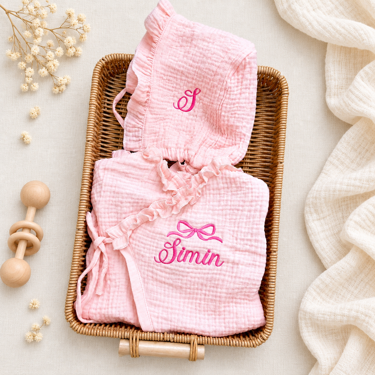 Custom Embroidered Muslin Baby Blanket & Ruffle Pillow | Personalized Baby Name Blanket | Luxury Newborn Gift Set