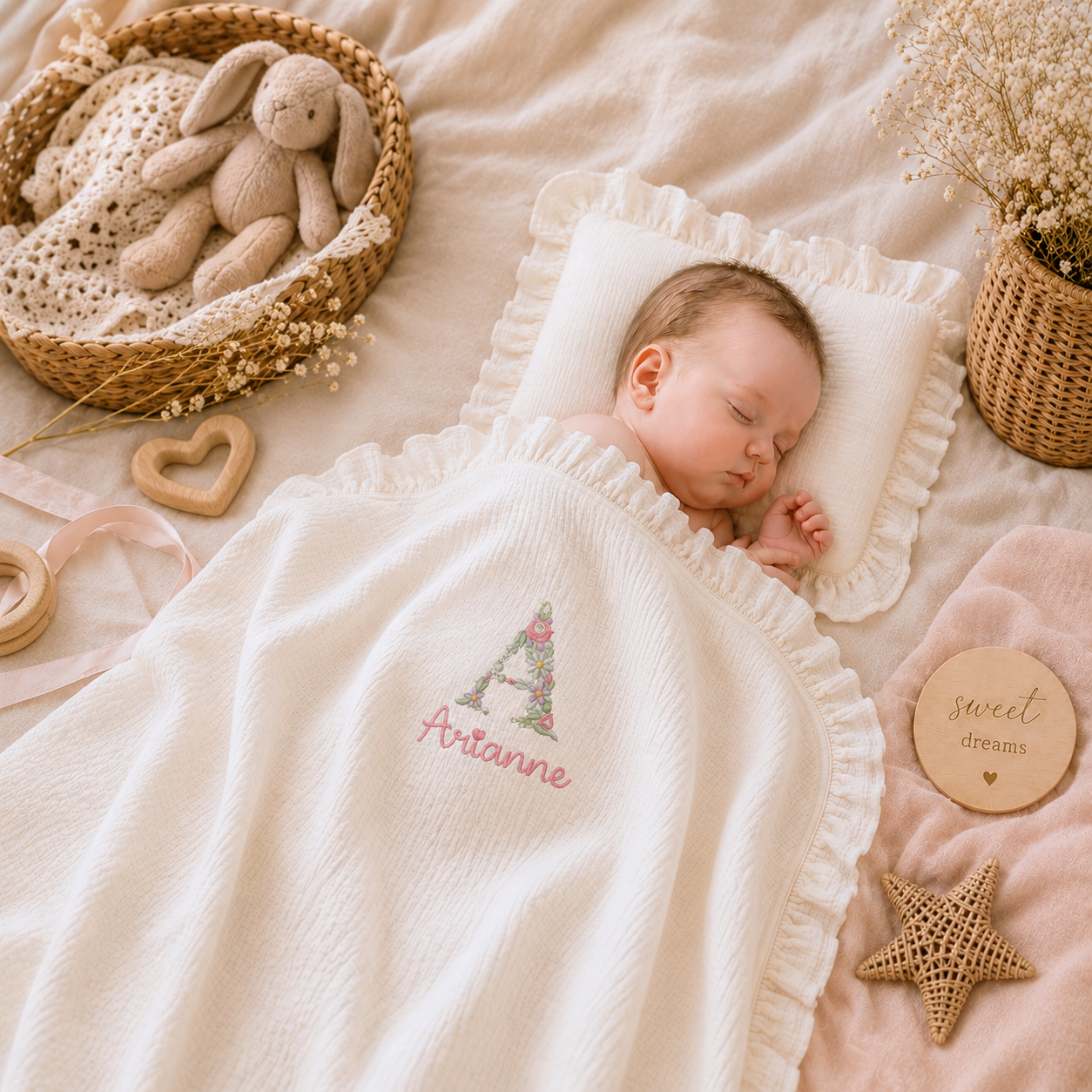 Personalized Muslin Baby Blanket & Ruffle Pillow Set | Custom Embroidered Baby Name Blanket | Newborn Baby Girl Gift | Cotton Nursery Bedding #N1