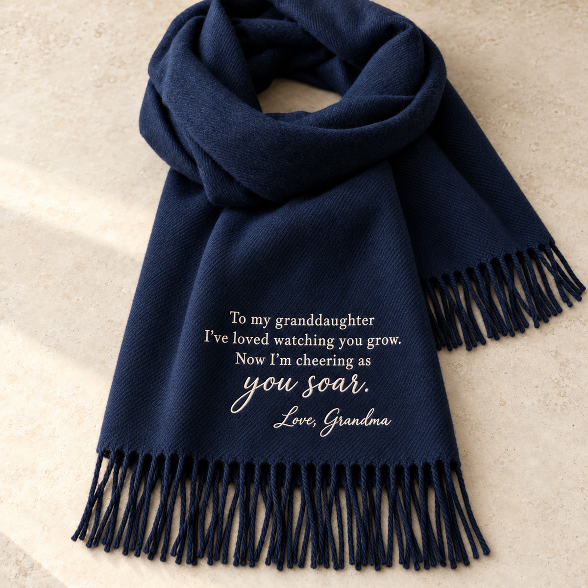 To my granddaughter embroidered scarf - Now I'm cheering as you soar