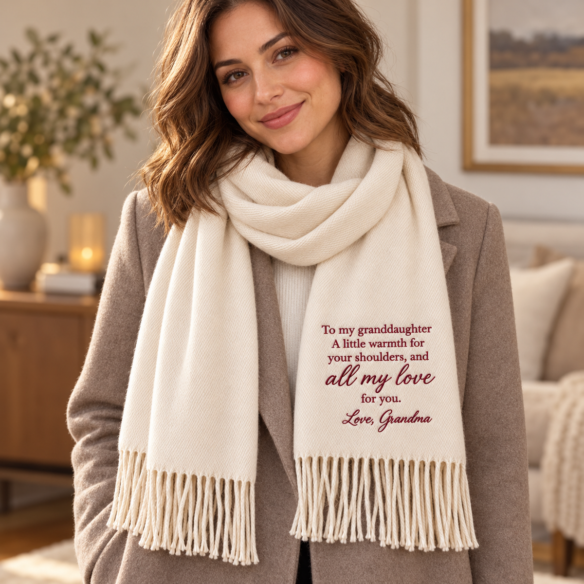 Woman wearing soft fringe scarf