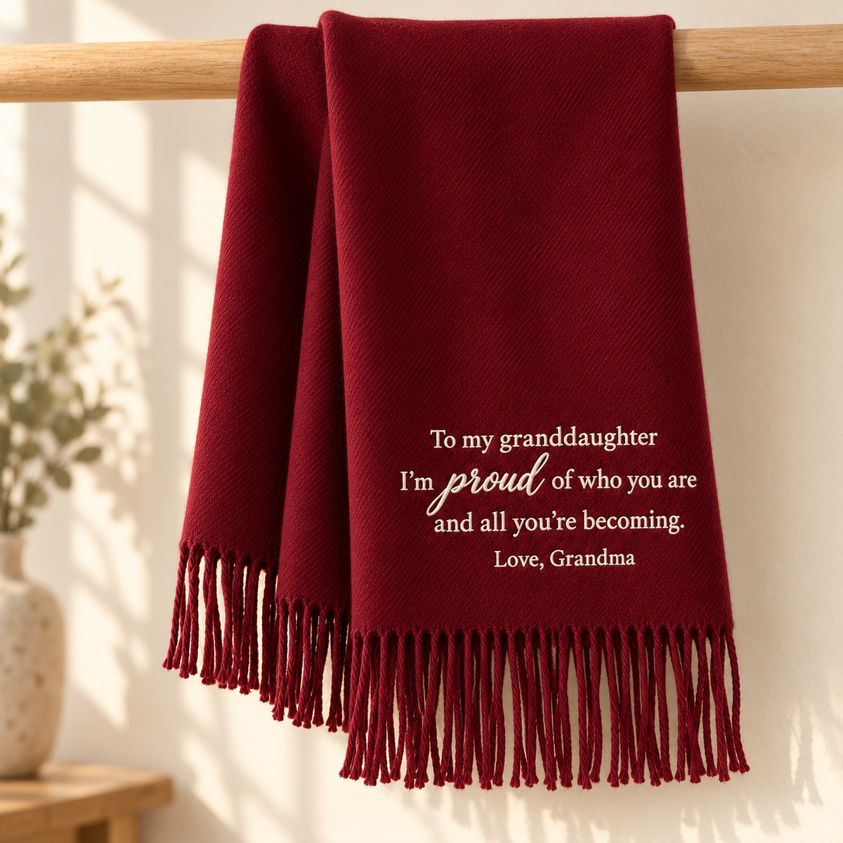 Embroidered granddaughter scarf hanging