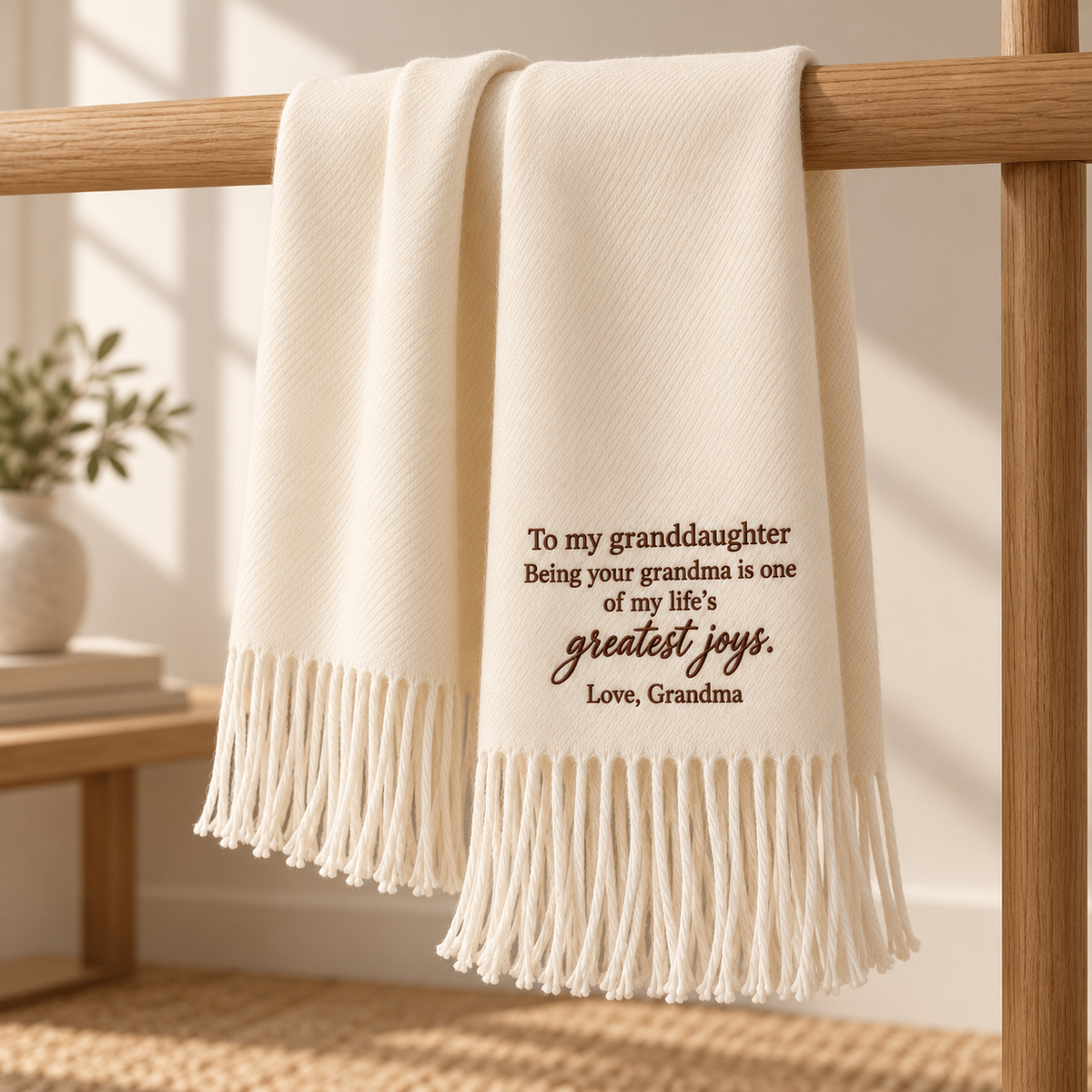 Embroidered granddaughter scarf hanging