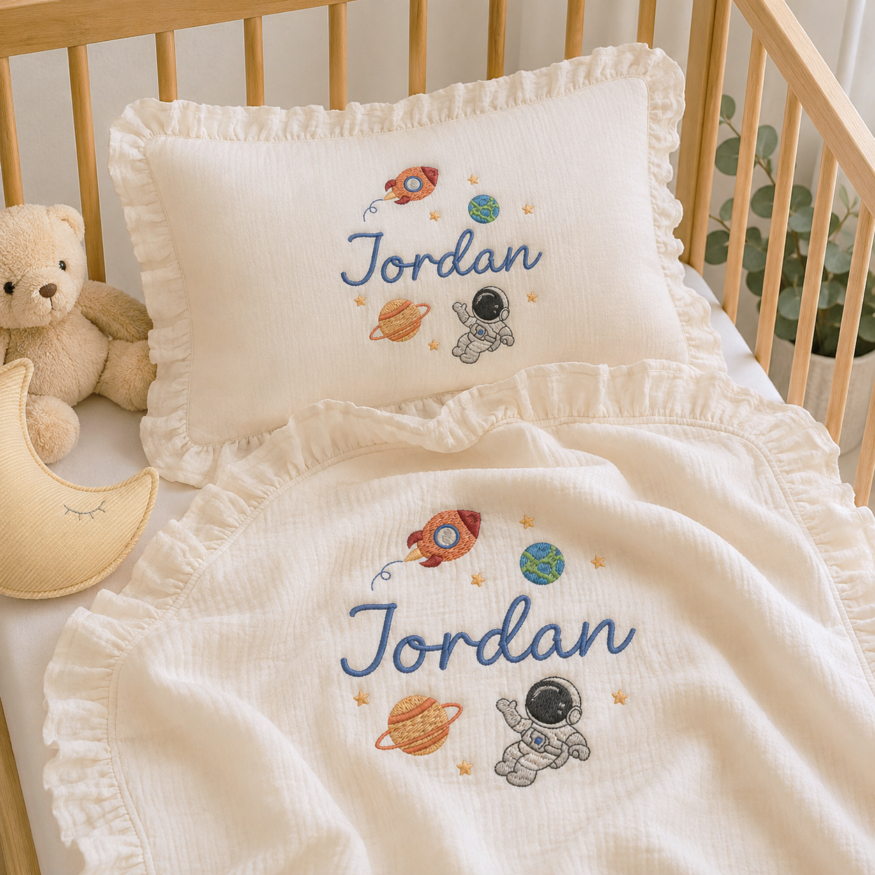 Personalized Baby Name Muslin Blanket & Ruffle Pillow Set | Custom Embroidered Cotton Baby Blanket | Newborn Gift #N1