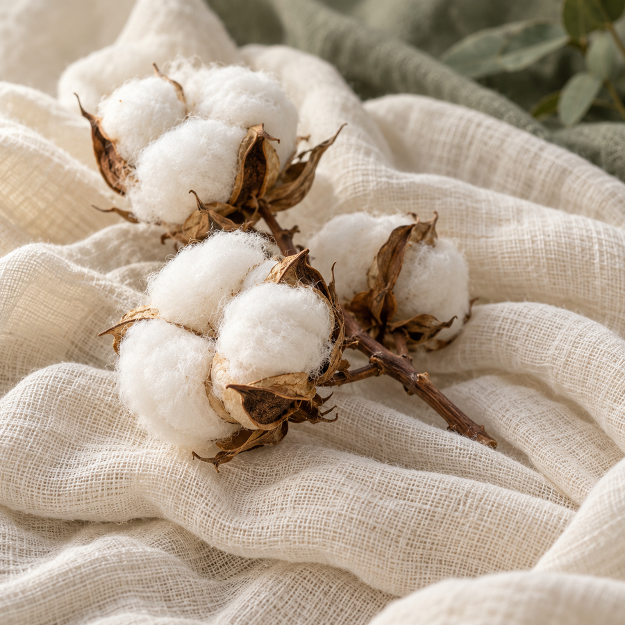 AI-generated illustrative still life of cotton bolls on cream muslin; not a certification logo or proof of certification.