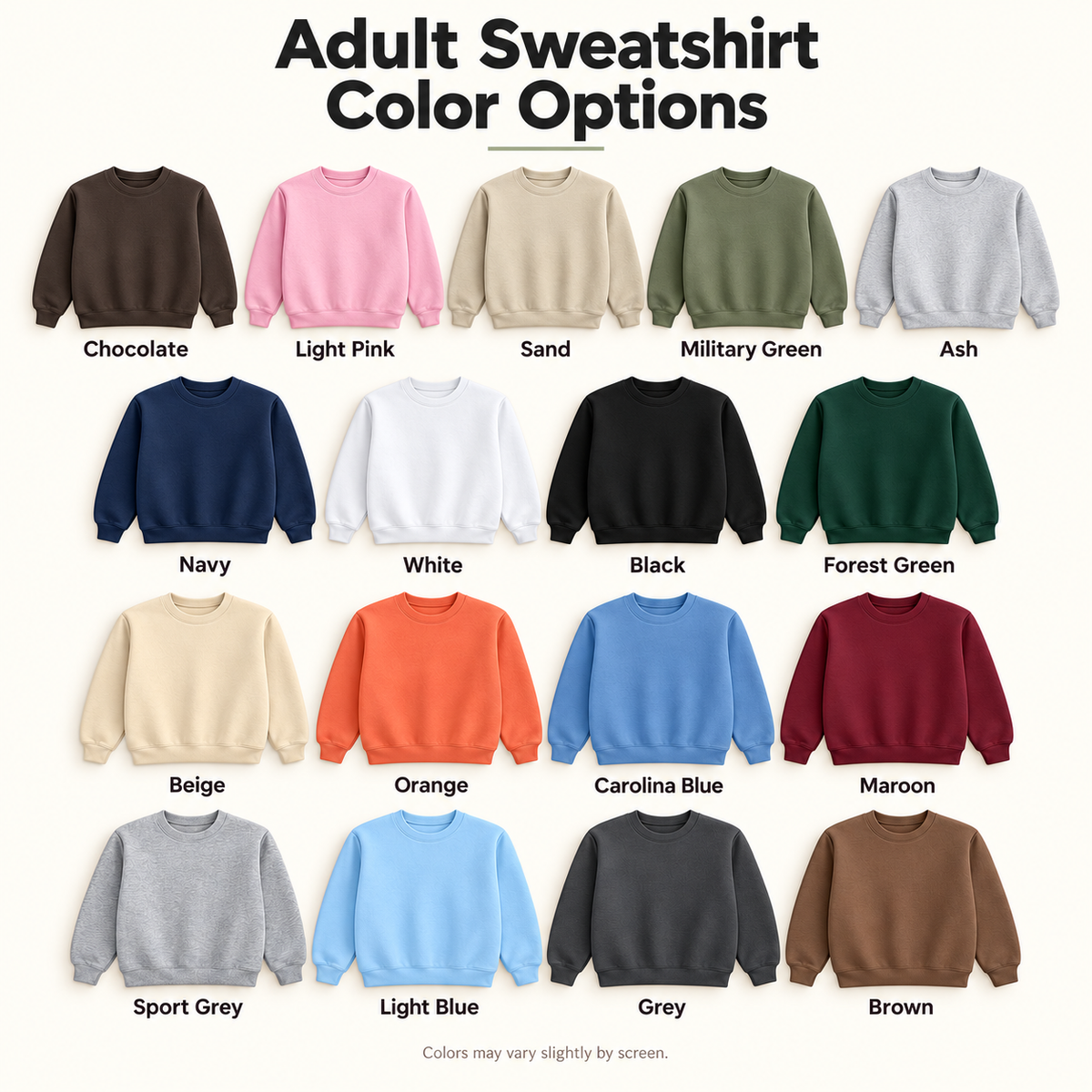 Adult Sweatshirt Color Chart: 17 named color options