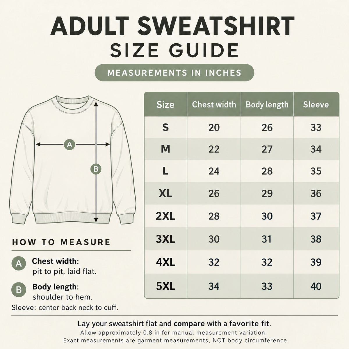 Adult Sweatshirt Size Guide: S to 5XL, garment measurements in inches