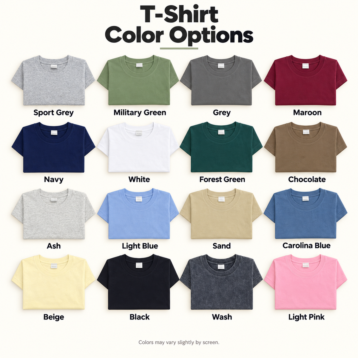 T-shirt Color Chart: 16 named colors