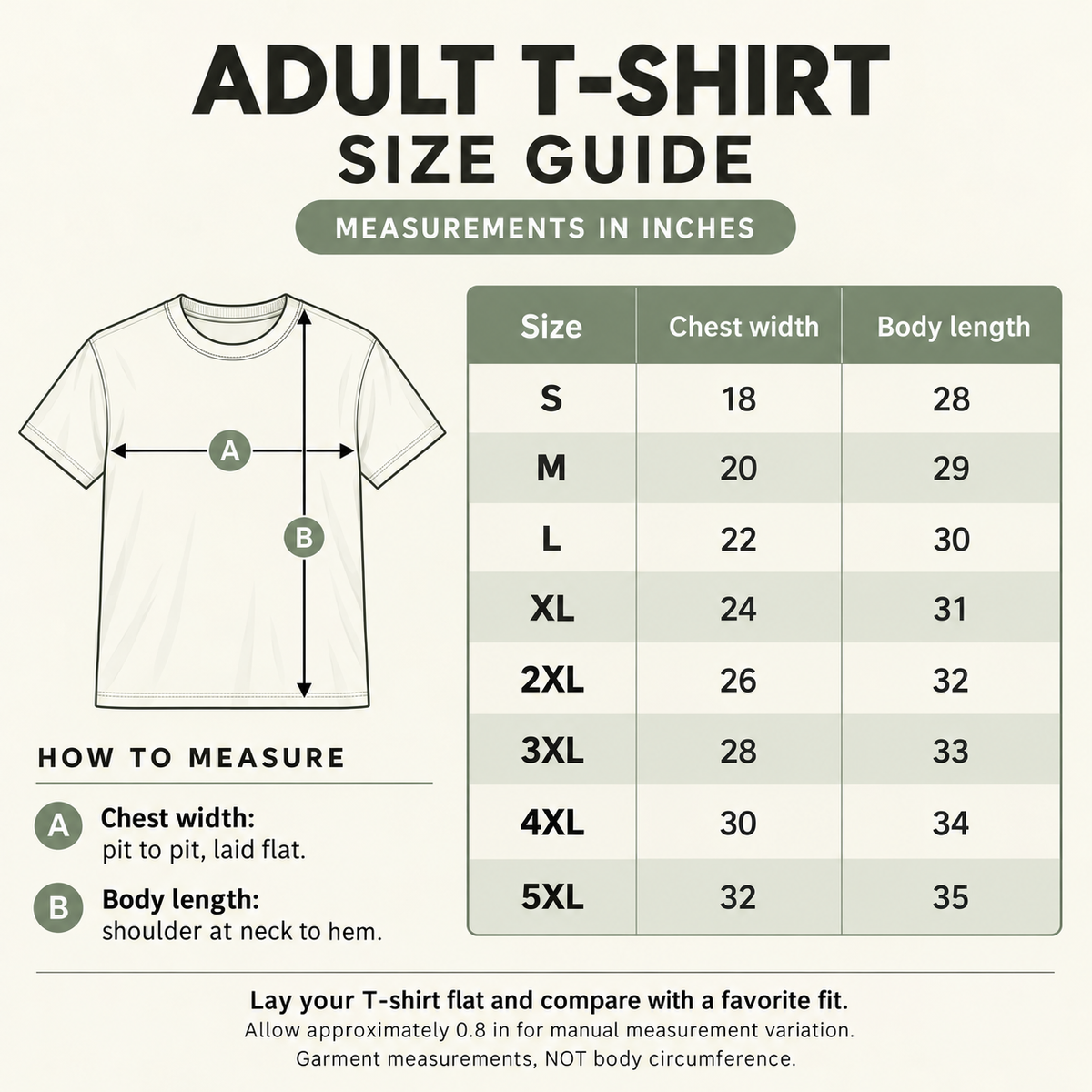 T-shirt Size Guide: adult garment measurements