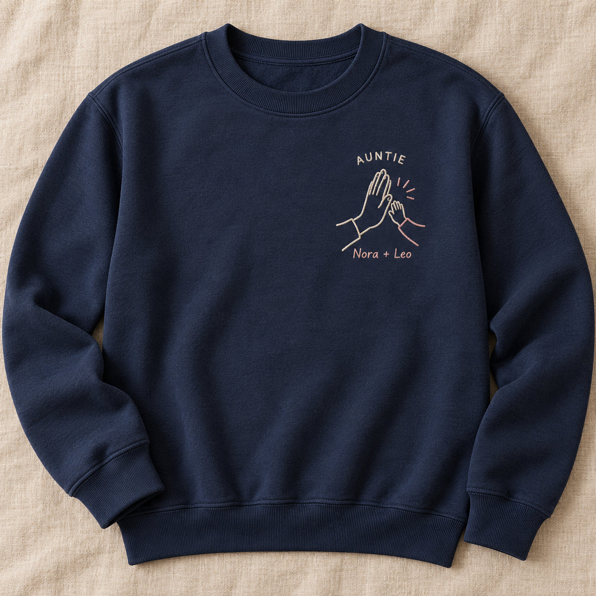 Little High Five personalized Auntie hands design; Navy sweatshirt mockup, hero; sample text AUNTIE / Nora + Leo