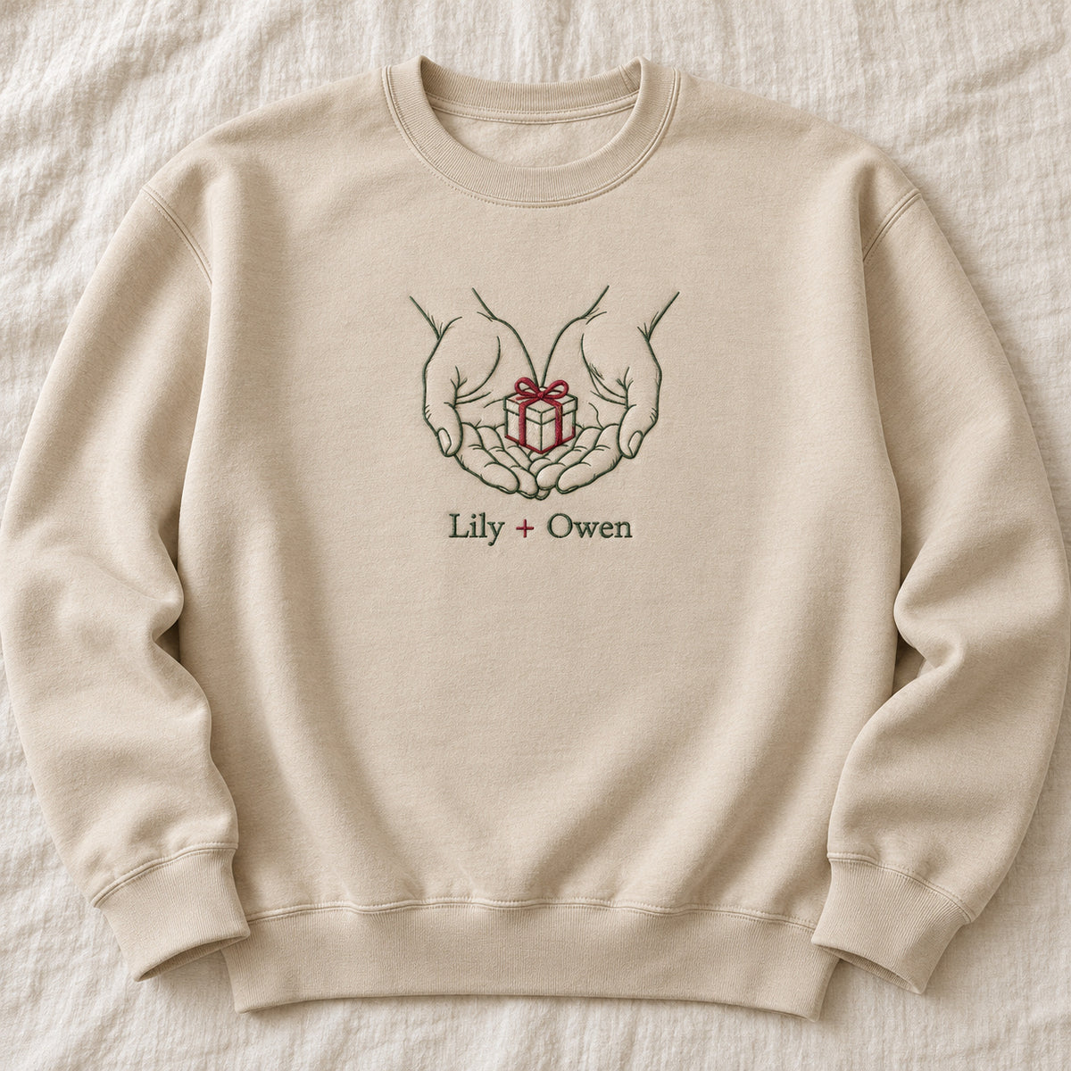 Gift From My Hands personalized Christmas hands design; Sand sweatshirt mockup, hero; sample text Lily + Owen