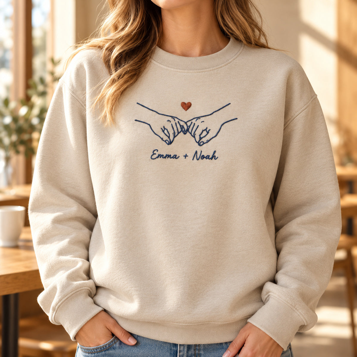 Pinky Promise personalized Couples hands design; Sand sweatshirt mockup, lifestyle; sample text Emma + Noah