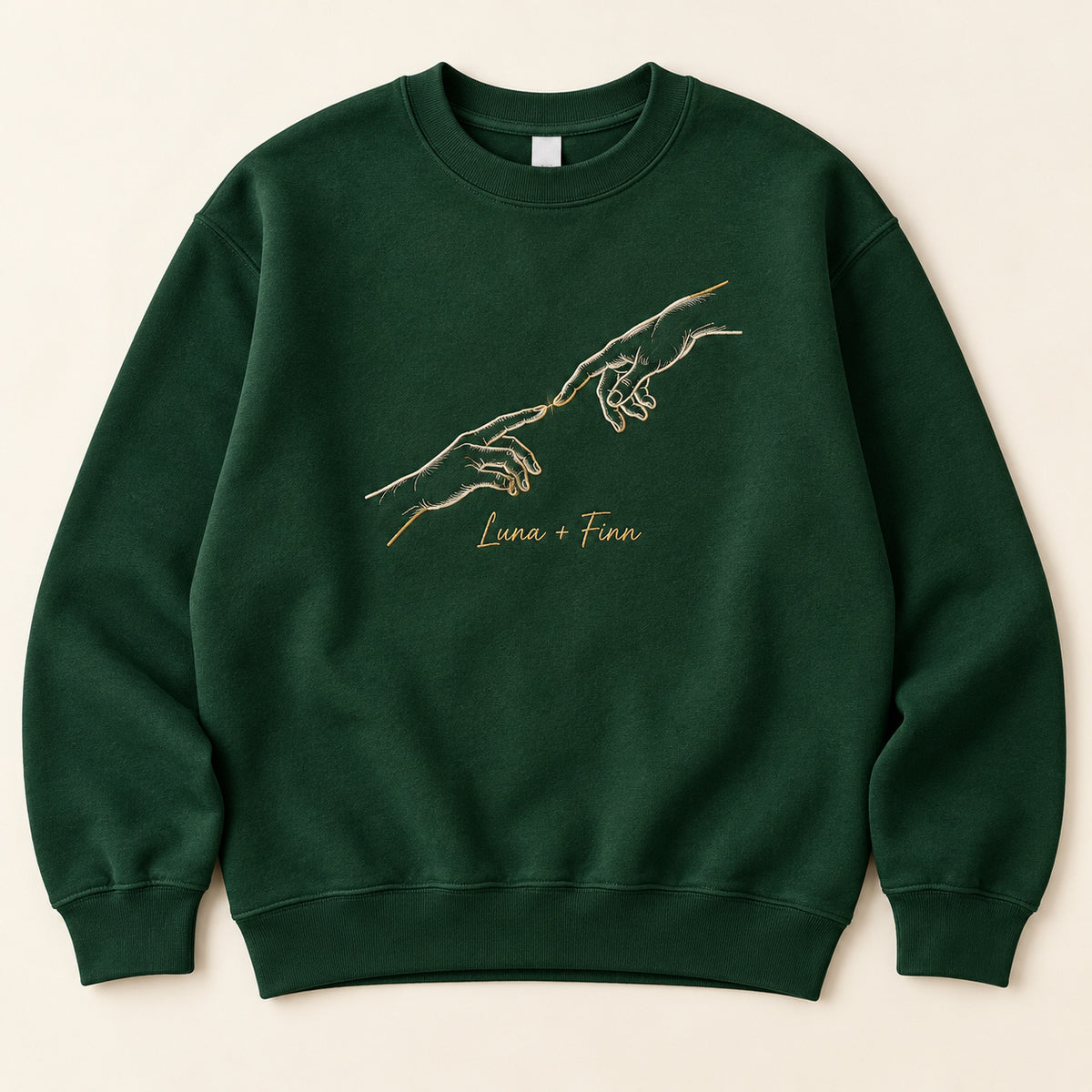 Forever Touch personalized Couples hands design; Forest Green sweatshirt mockup, hero; sample text Luna + Finn