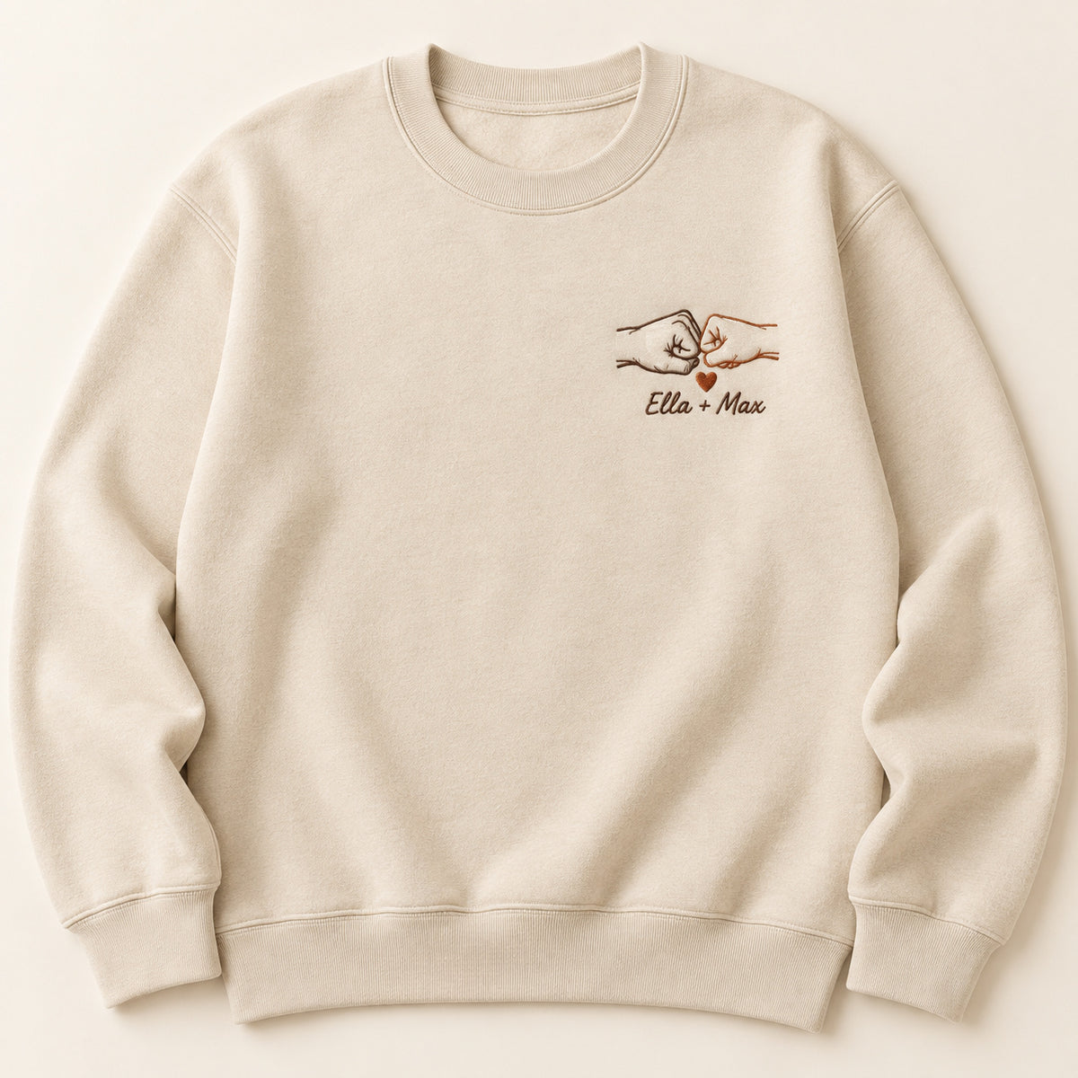 Little Squeeze personalized Couples hands design; Beige sweatshirt mockup, hero; sample text Ella + Max
