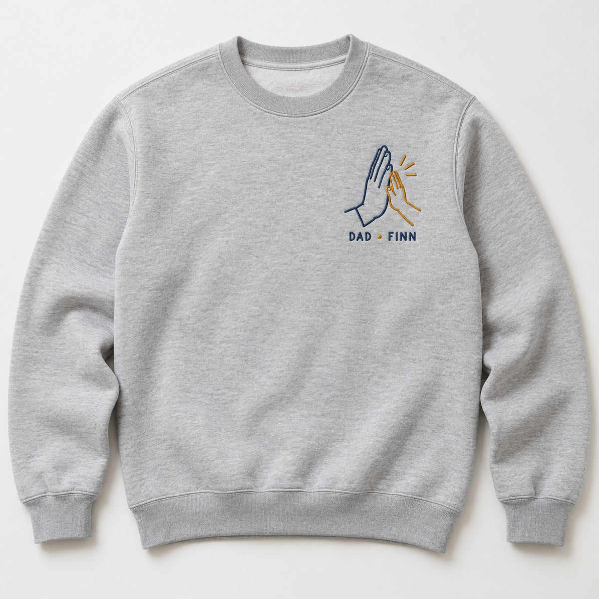 High Five Club personalized Dad hands design; Ash sweatshirt mockup, hero; sample text DAD • FINN