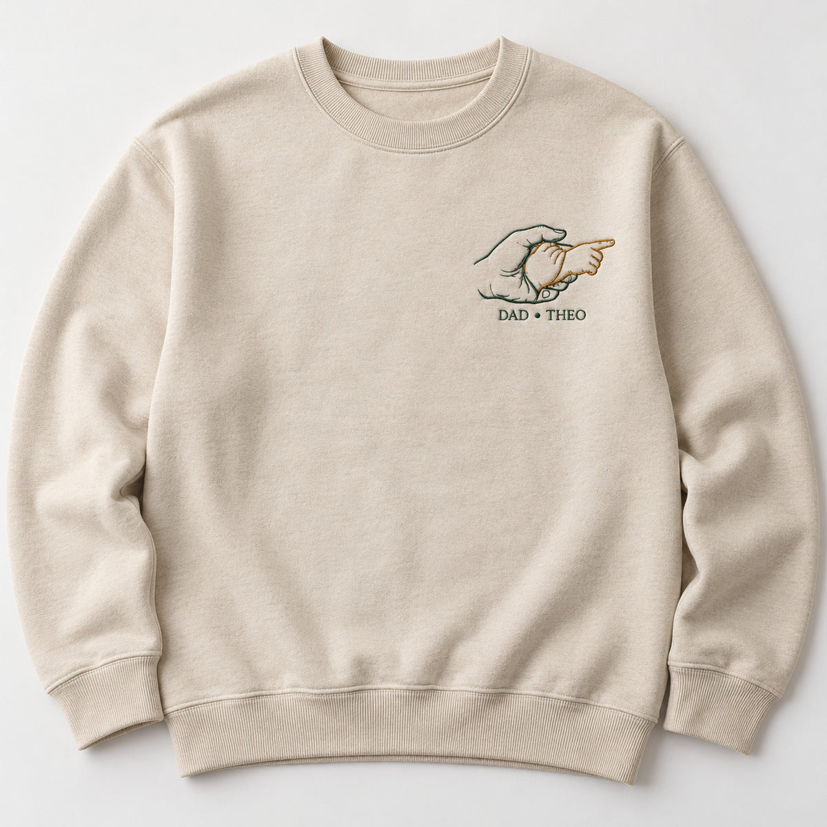 Guiding The Way personalized Dad hands design; Beige sweatshirt mockup, hero; sample text DAD • THEO
