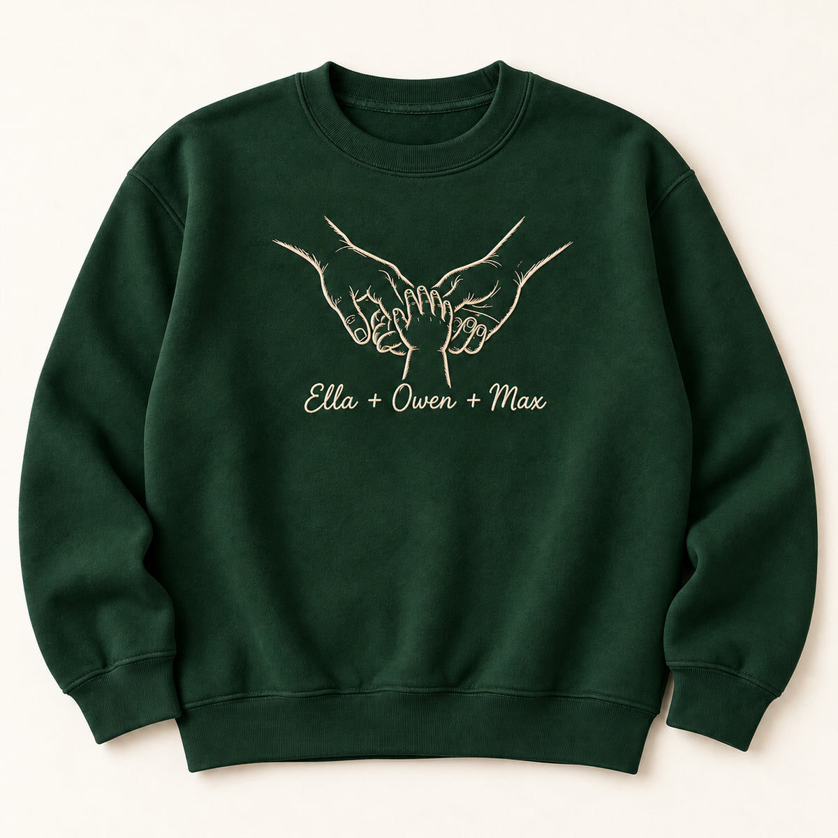 Together Always personalized Family hands design; Forest Green sweatshirt mockup, hero; sample text Ella + Owen + Max