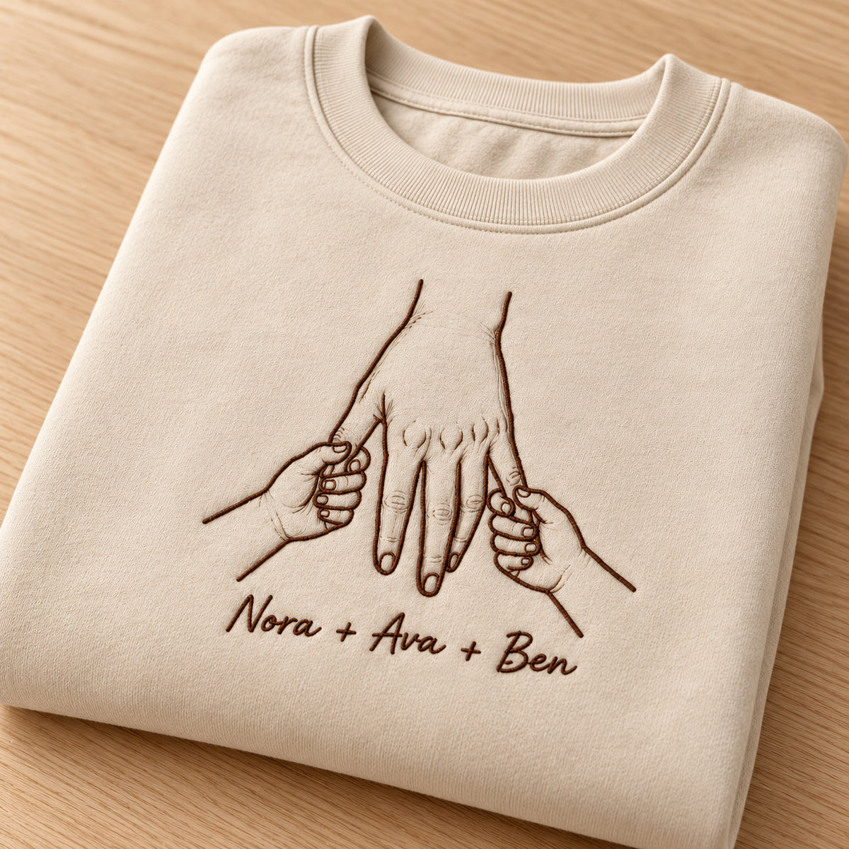 Finger Family personalized Family hands design; Beige sweatshirt mockup, personalization detail; sample text Nora + Ava + Ben