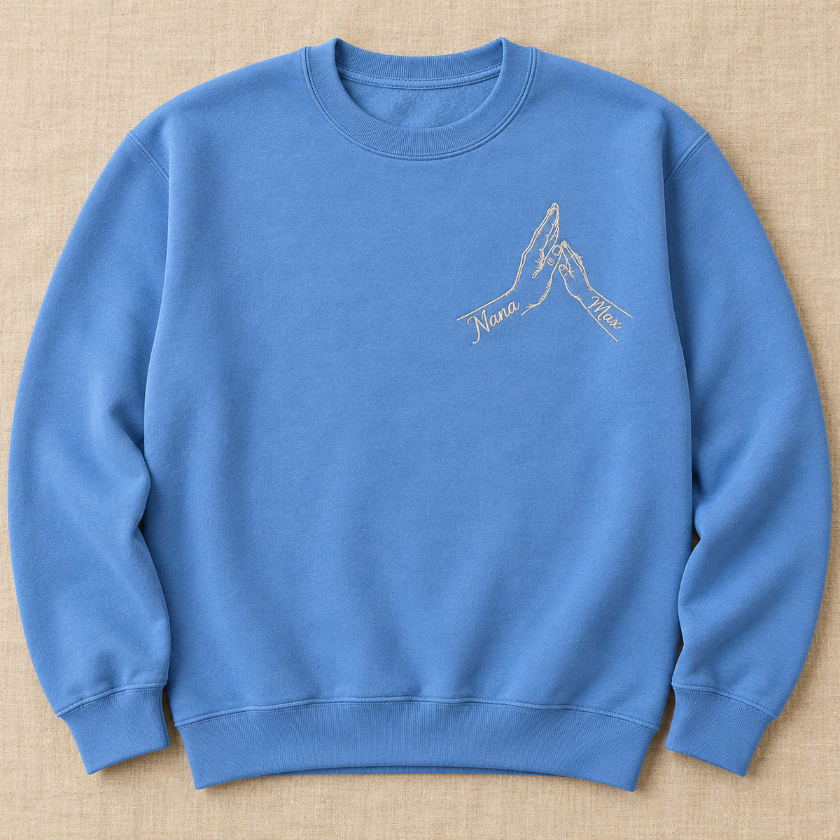 High Five Nana personalized Grandma hands design; Carolina Blue sweatshirt mockup, hero; sample text Nana / Max
