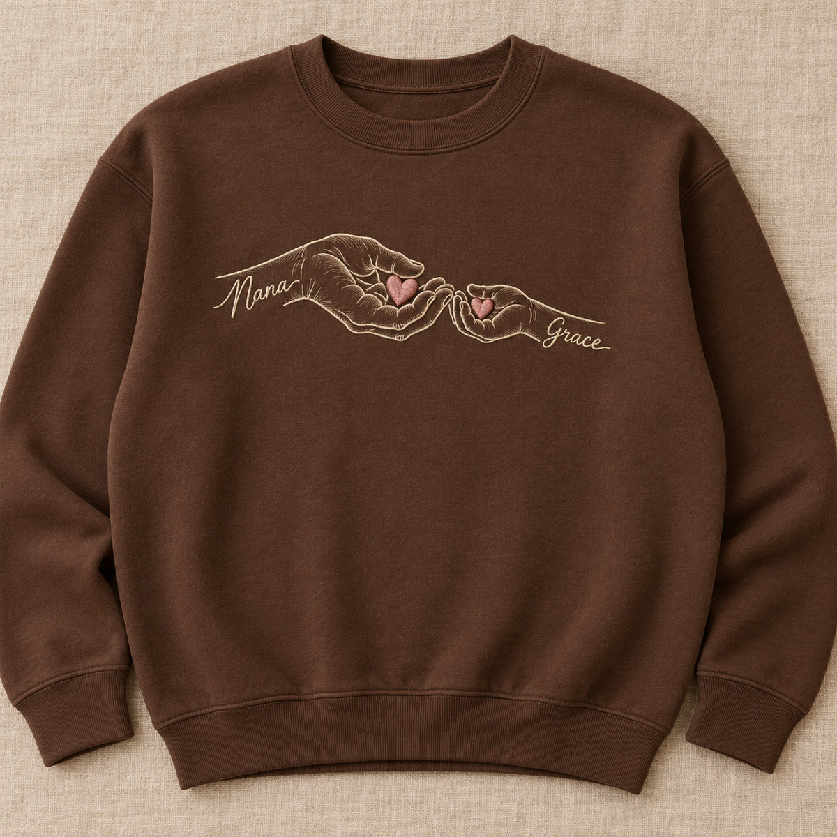 Shared Wishes personalized Grandma hands design; Brown sweatshirt mockup, hero; sample text Nana / Grace