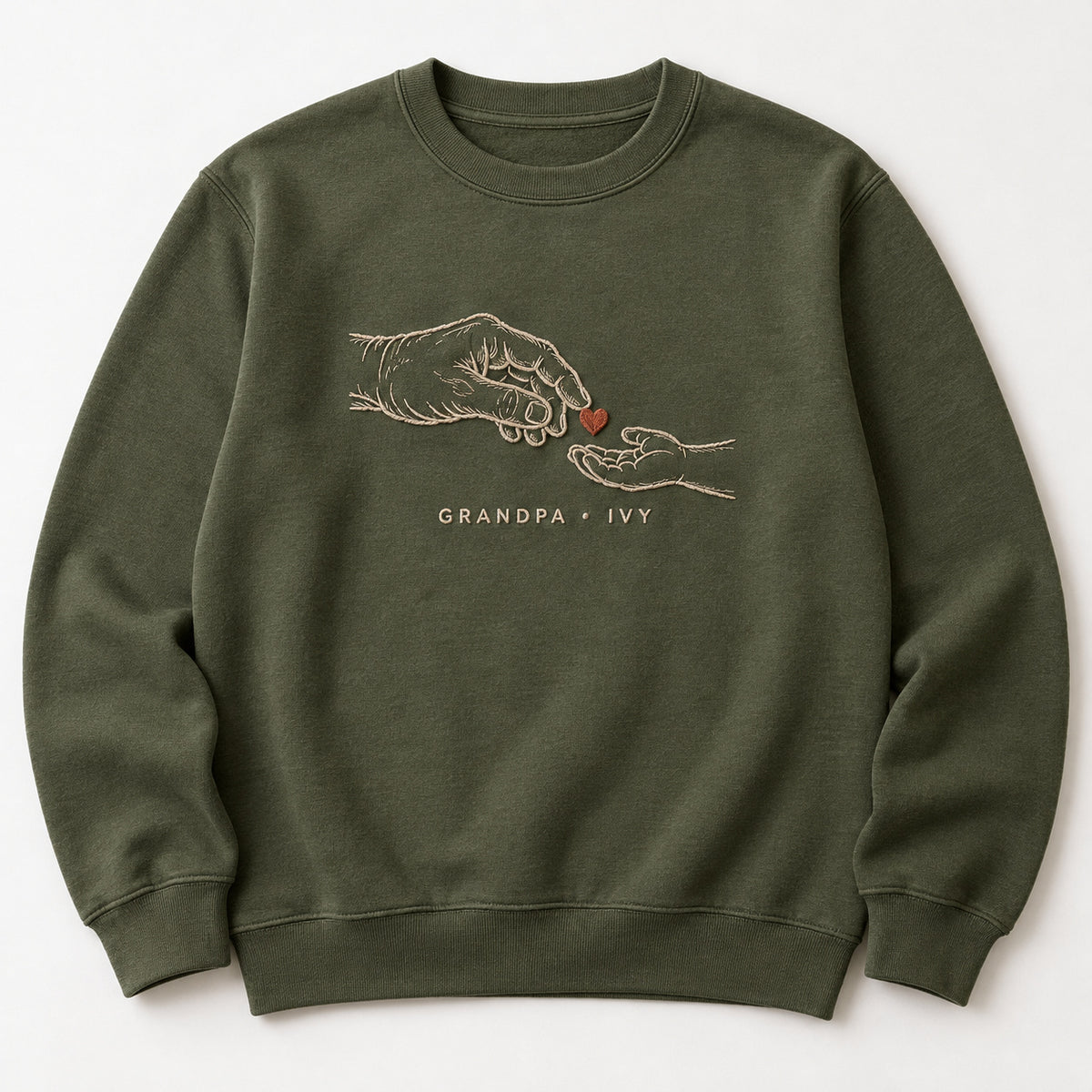 Passing The Love personalized Grandpa hands design; Military Green sweatshirt mockup, hero; sample text GRANDPA • IVY