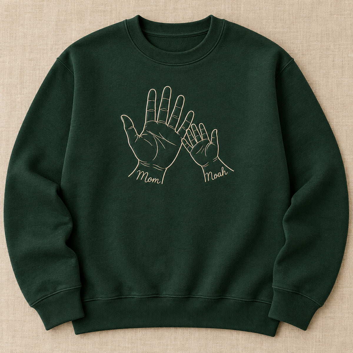 Palm to Palm personalized Mom hands design; Forest Green sweatshirt mockup, hero; sample text Mom / Noah