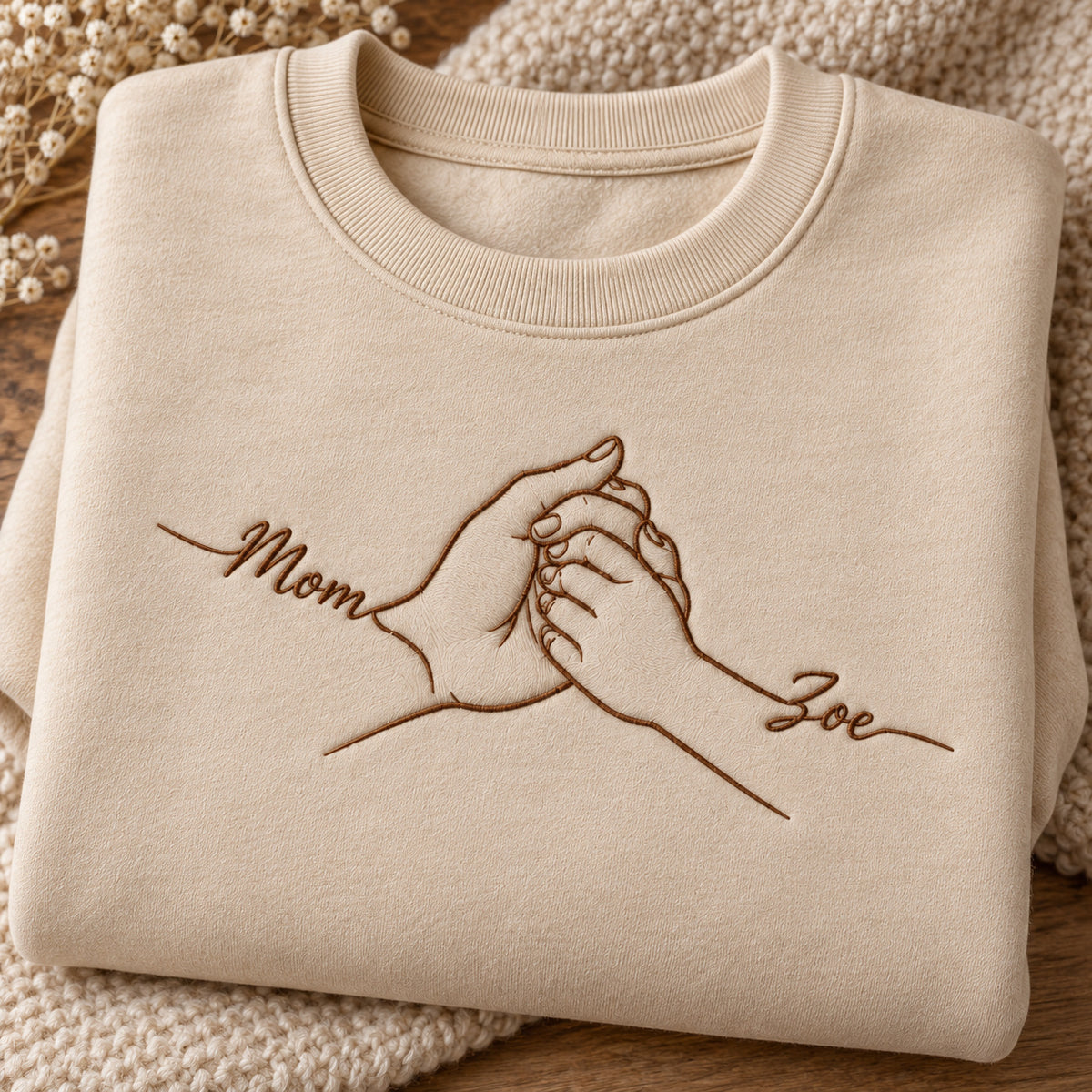Holding On personalized Mom hands design; Beige sweatshirt mockup, personalization detail; sample text Mom / Zoe
