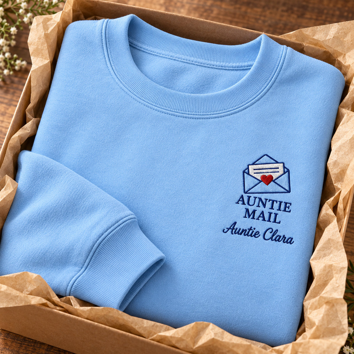 Auntie Mail sweatshirt concept mockup featuring a heart-sealed envelope with a letter, sample personalization Auntie Clara, personalization view