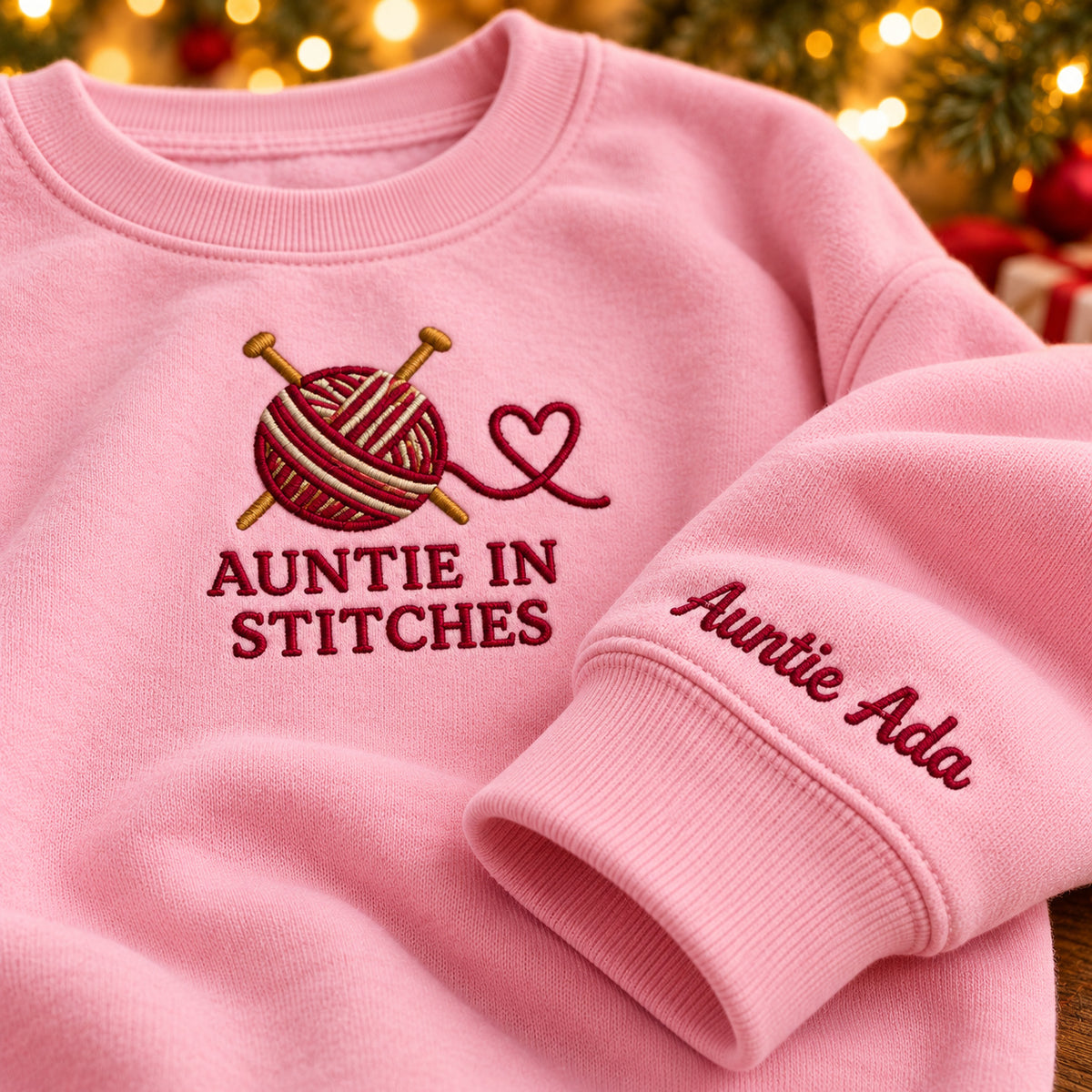 Auntie in Stitches sweatshirt concept mockup featuring a ball of yarn with knitting needles and a heart-shaped yarn tail, sample personalization Auntie Ada, personalization view
