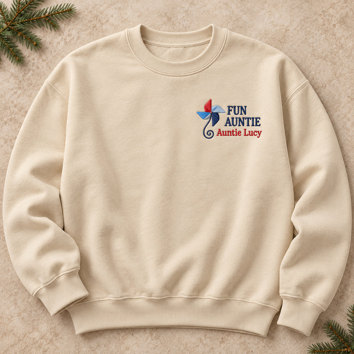 Fun Auntie Pinwheel sweatshirt concept mockup featuring a colorful pinwheel with a curled stem, sample personalization Auntie Lucy, hero view