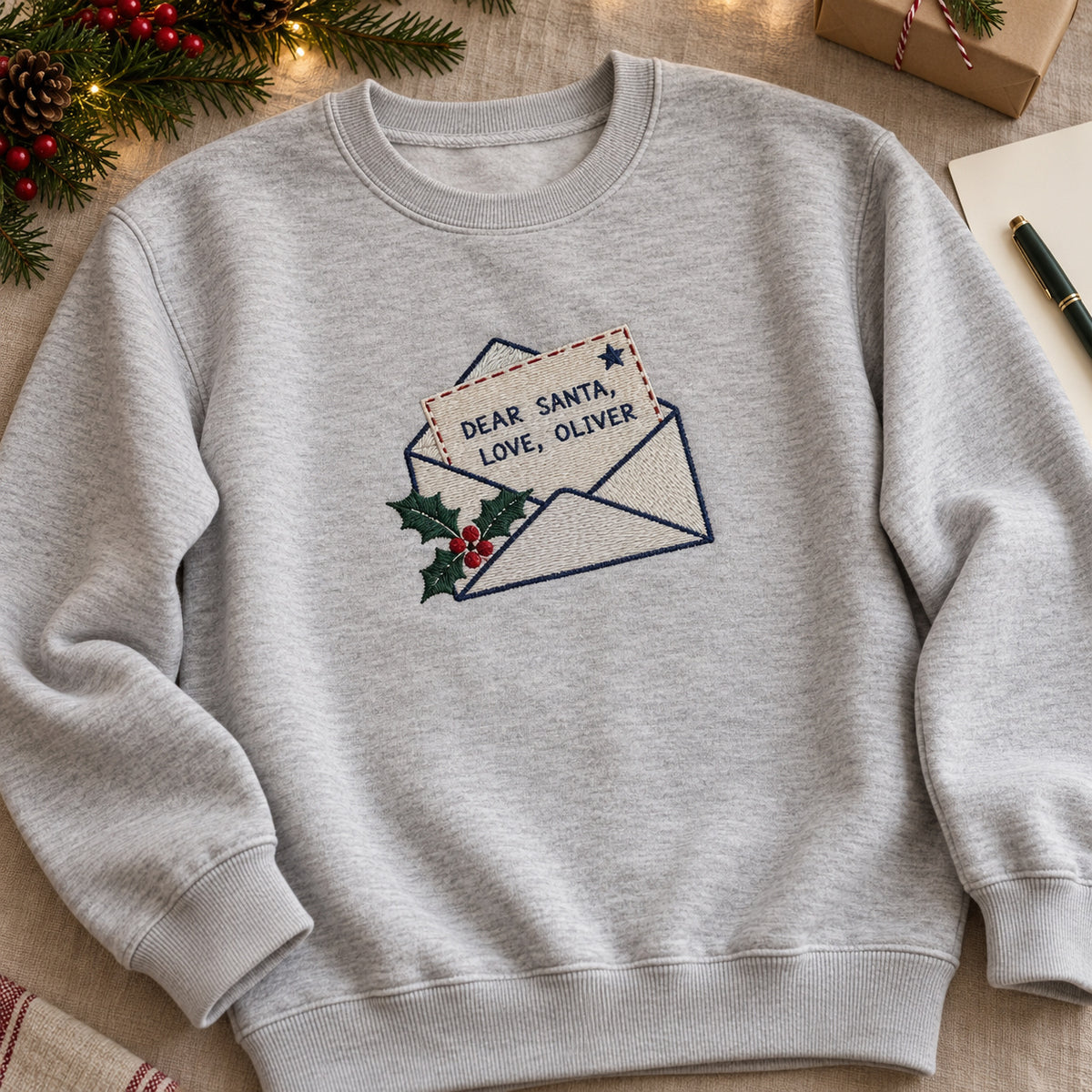 Dear Santa Letter sweatshirt concept mockup featuring a letter to Santa in an envelope with holly, sample personalization OLIVER, hero view