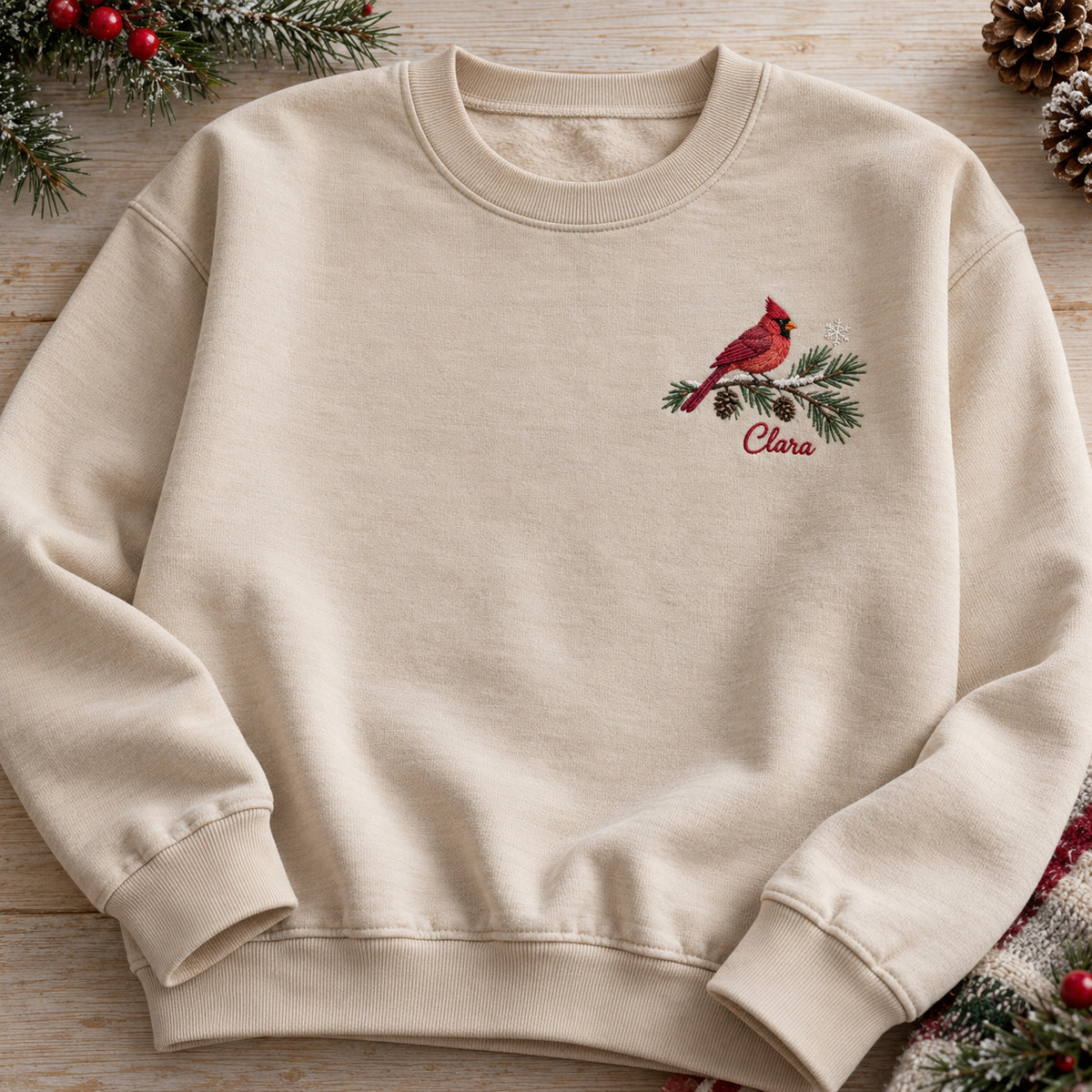 Winter Cardinal sweatshirt concept mockup featuring a red cardinal on a snowy evergreen branch, sample personalization Clara, hero view
