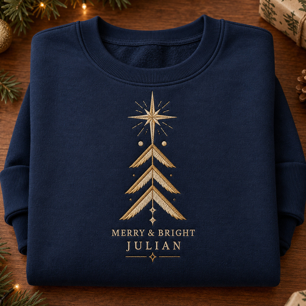 Geometric Christmas Tree sweatshirt concept mockup featuring a geometric Christmas tree topped by a star, sample personalization JULIAN, hero view
