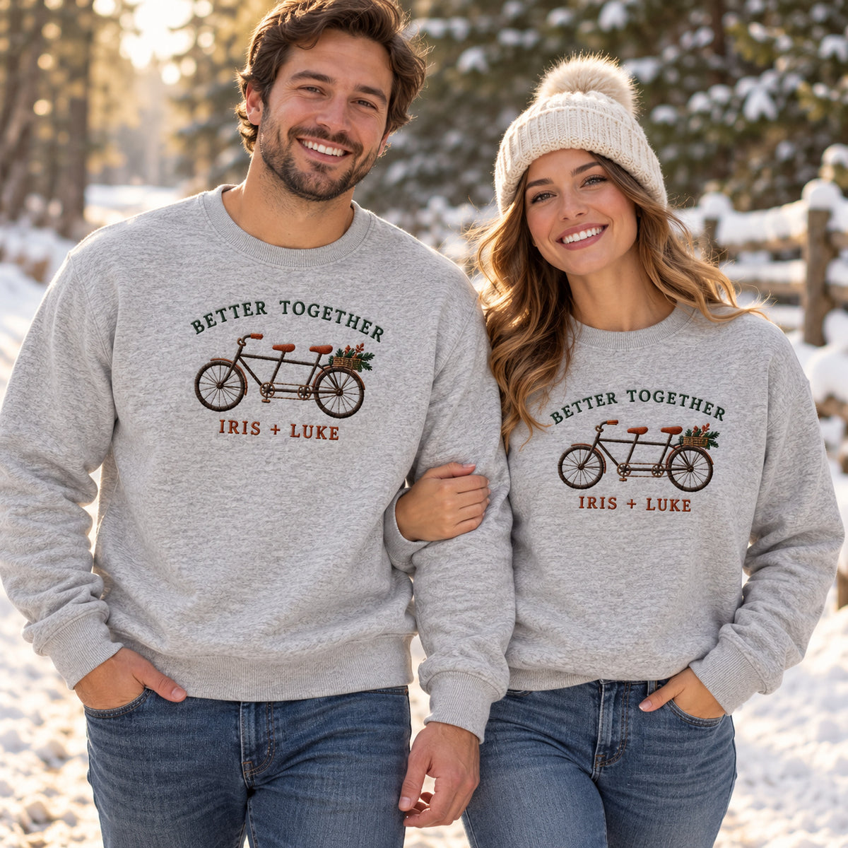Better Together Bicycle sweatshirt concept mockup featuring a tandem bicycle with flowers, sample personalization IRIS + LUKE, lifestyle view