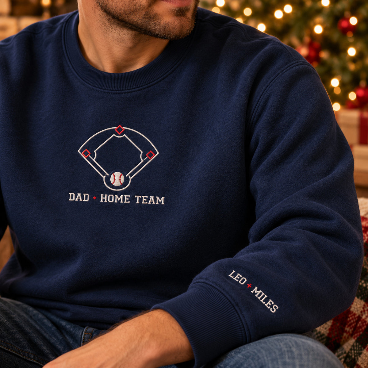 Dad's Home Team sweatshirt concept mockup featuring a baseball diamond and baseball, sample personalization LEO + MILES, personalization view