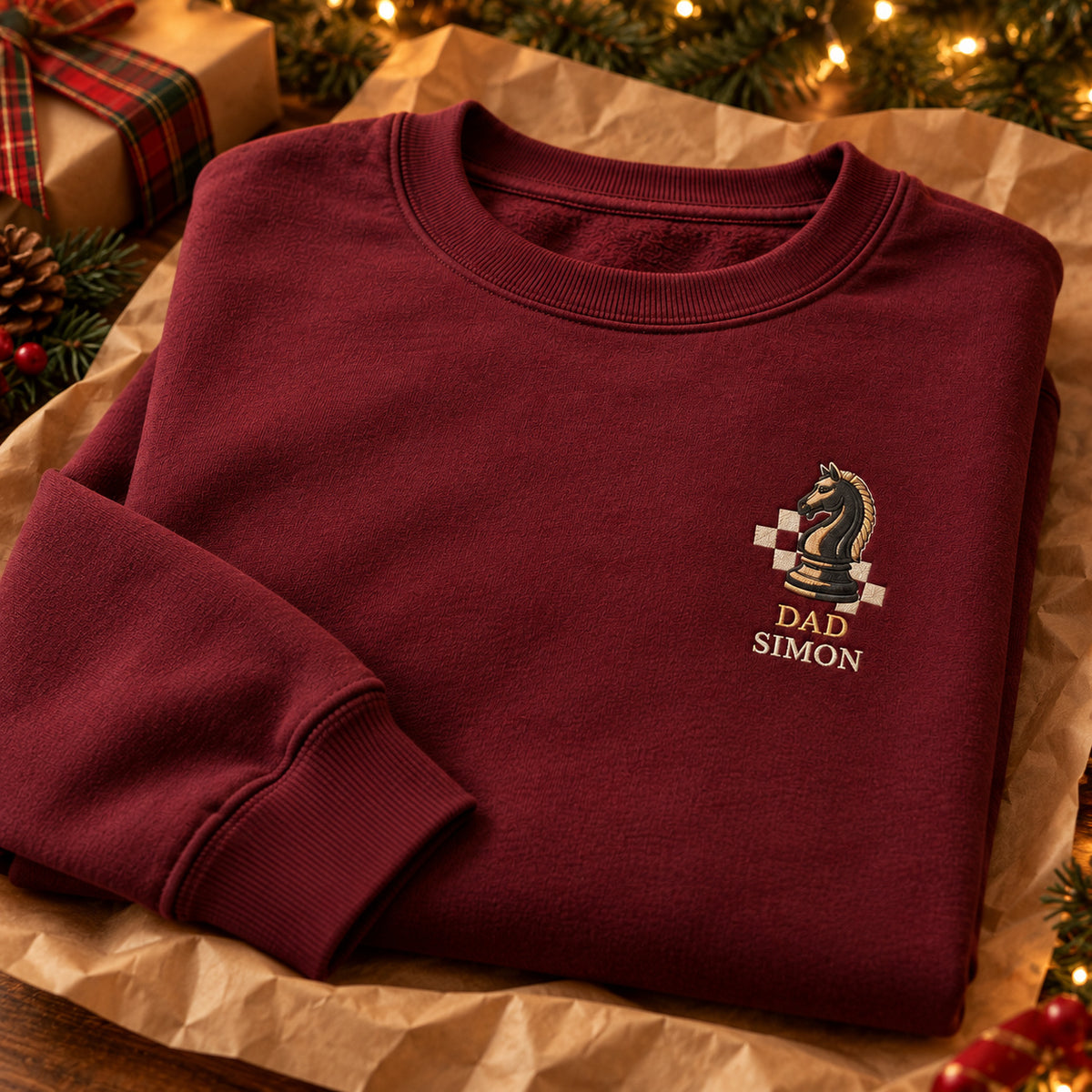 Dad's Chess Move sweatshirt concept mockup featuring a knight chess piece with checkerboard squares, sample personalization SIMON, personalization view