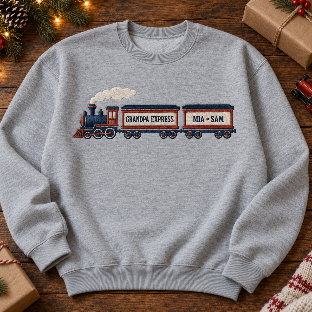 Grandpa Express sweatshirt concept mockup featuring a steam train with personalized carriages, sample personalization MIA • SAM, hero view