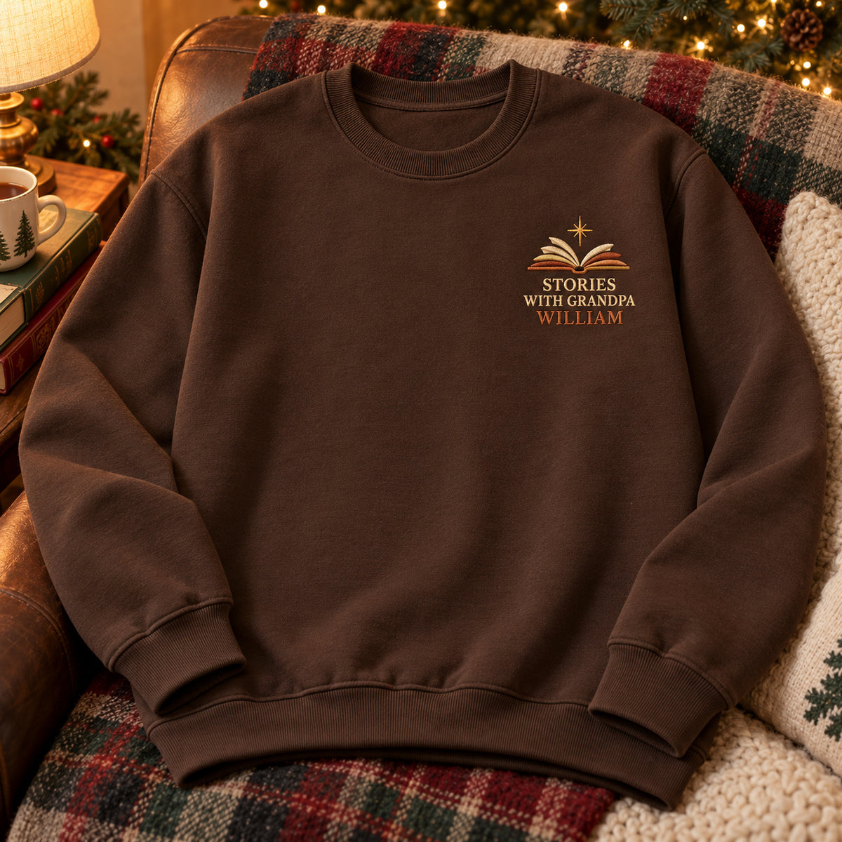 Stories with Grandpa sweatshirt concept mockup featuring an open book with a shining star, sample personalization WILLIAM, hero view