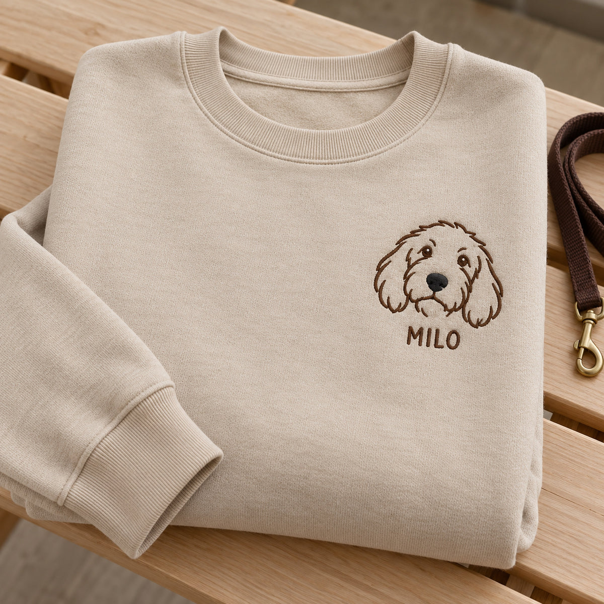 Best Friend Nose sweatshirt concept mockup featuring a shaggy dog's face above a personalized name, sample personalization MILO, hero view