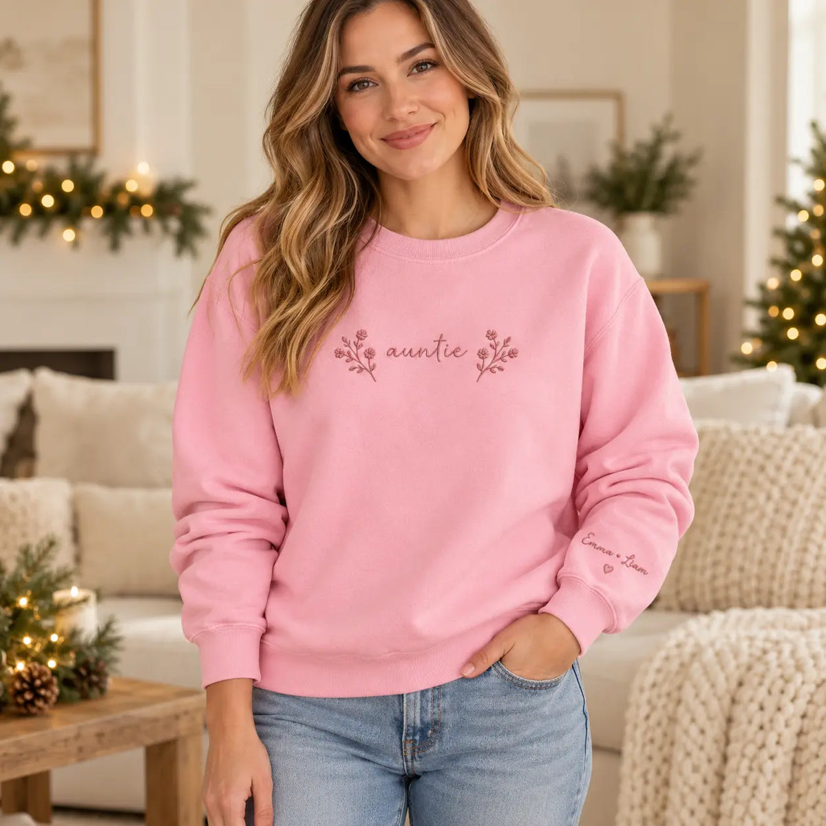 Personalized Floral Auntie Embroidered Sweatshirt, Hoodie & T-Shirt — Sweatshirt lifestyle mockup