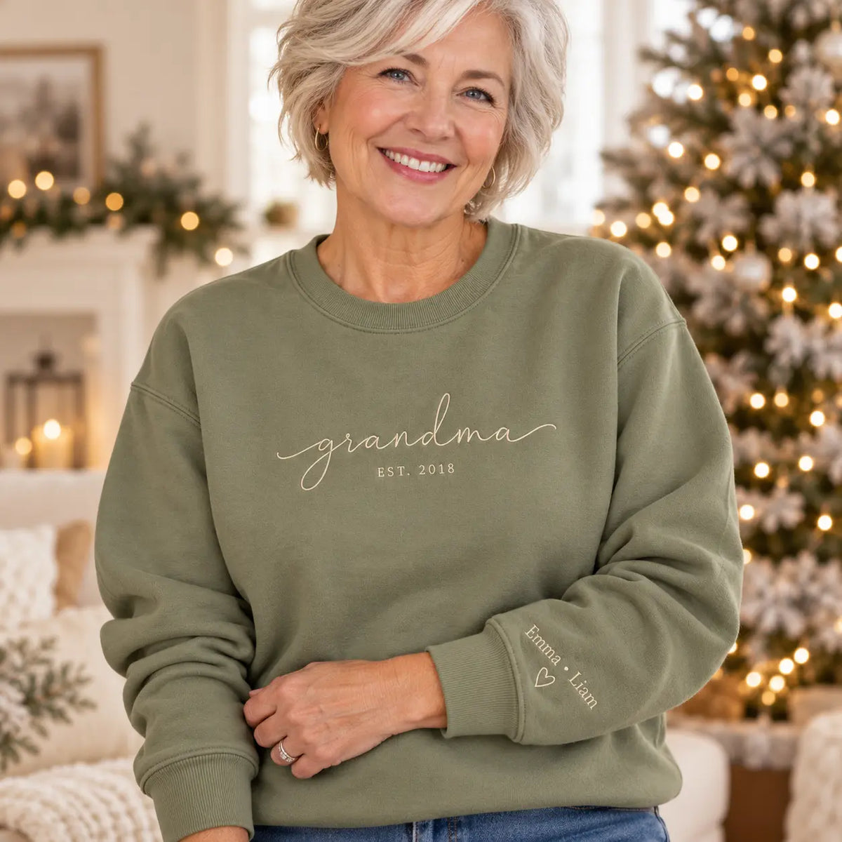 Personalized Grandma Established Year Embroidered Sweatshirt, Hoodie & T-Shirt — Sweatshirt lifestyle mockup