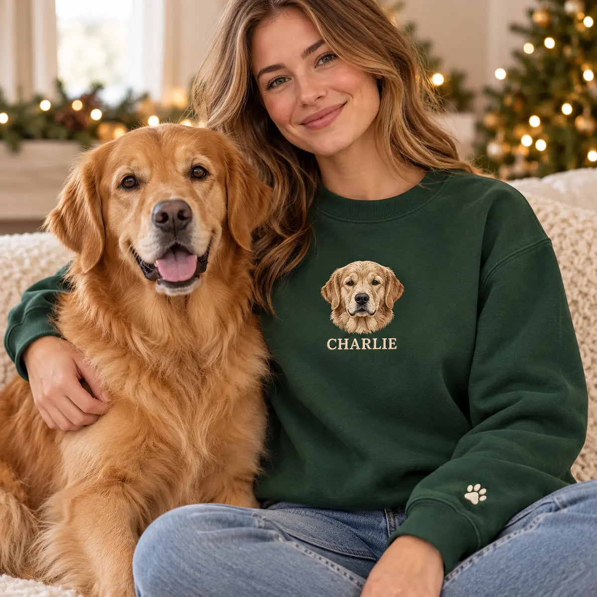 Personalized Golden Dog Portrait Embroidered Sweatshirt, Hoodie & T-Shirt — Sweatshirt lifestyle mockup